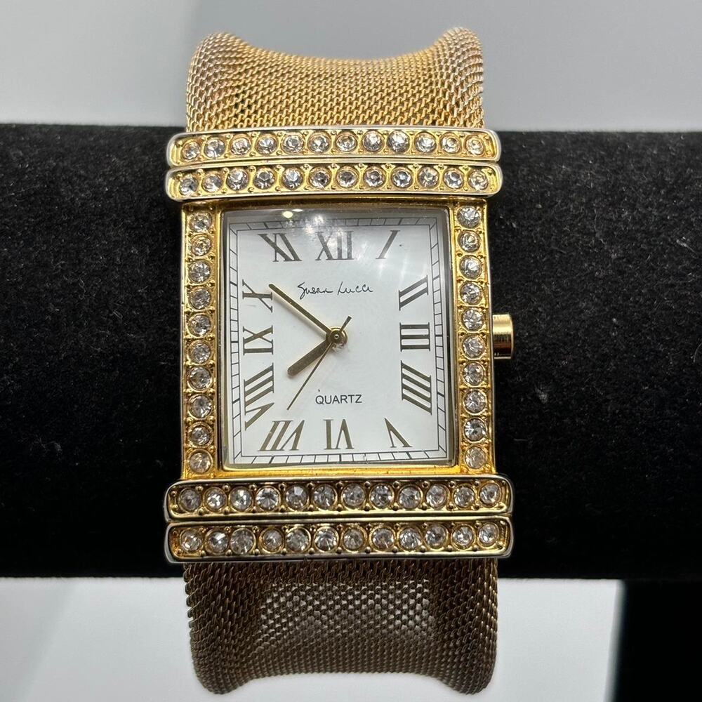 Gold Mesh Women's Watch with Crystal Accents